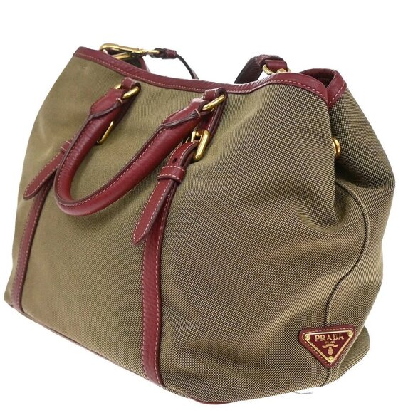PRADA MILANO Logo 2Way Shoulder Hand Bag Canvas Leather Brown Red 79EE817 - Picture 4 of 16